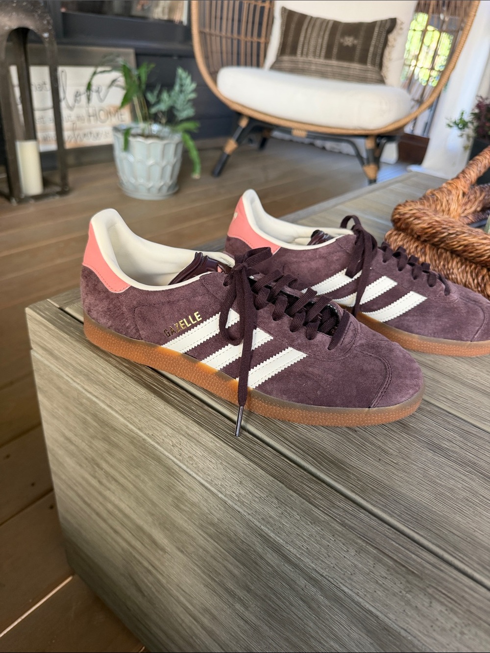 adidas Plum Brown Suede Sneakers with Pink Heel Accent